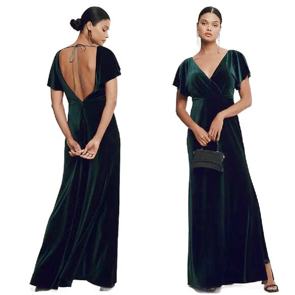 JENNY YOO BHLDN Ellis Flutter-Sleeve OpenBack Velvet Gown 6 Emerald Green Dress - Picture 1 of 14